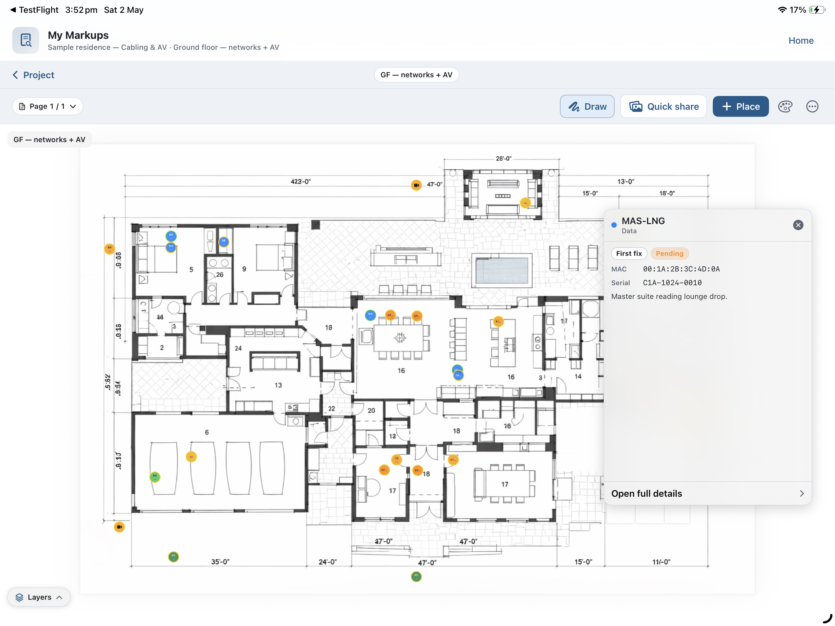 MyMarkups on iPad showing a floor plan with coloured pins and a drawing layer
